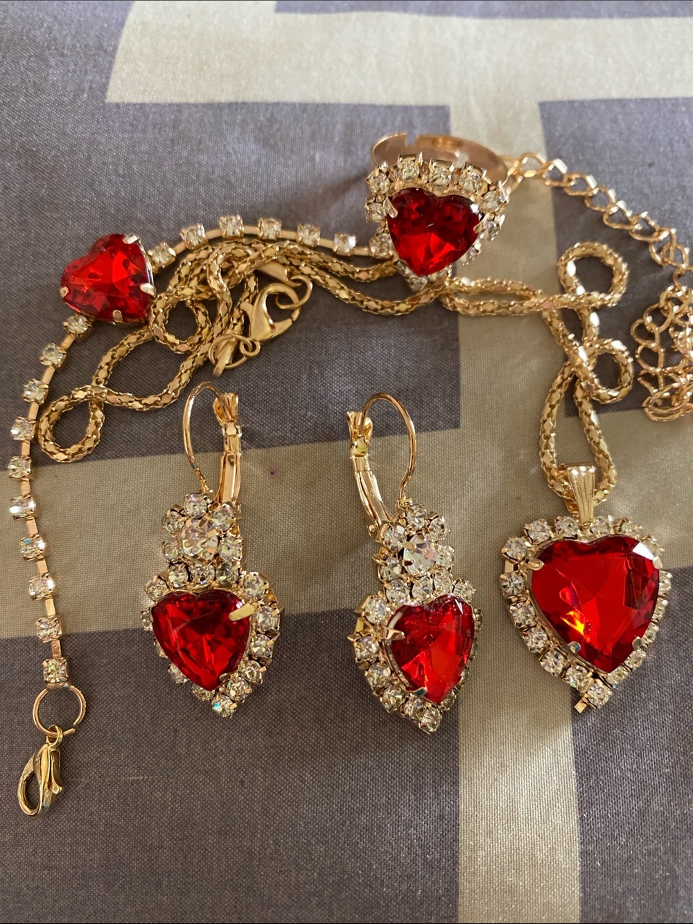 1-Red & Gold Heart Necklace Set includes Necklace, Earrings, Ring and Bracelet